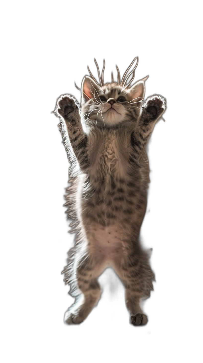 A playful kitten standing on its hind legs, arms raised in the air as if dancing or posing for photoshoot isolated black background, hyper realistic photograph