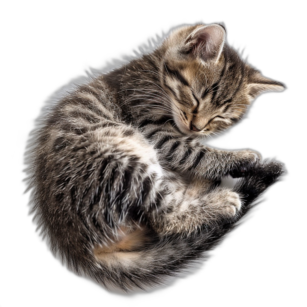 cute sleeping kitten curled up in the shape of an “S” isolated on a black background in the style of hyper realistic photography