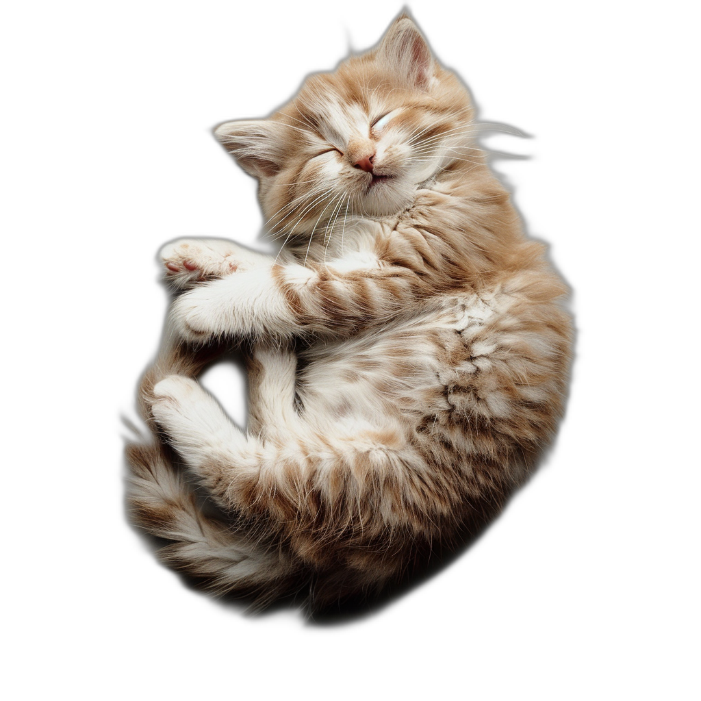 cute sleeping kitten, full body, floating in the air, isolated on black background, high resolution photography