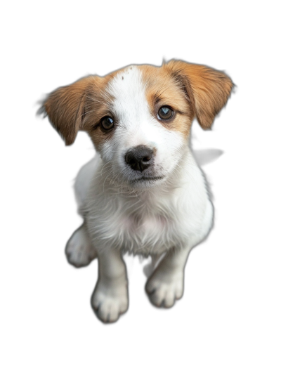 A small white and brown puppy with black ears is looking up at the camera, isolated on a pure black background, in the style of portrait photography with studio lighting, in a hyper realistic style.