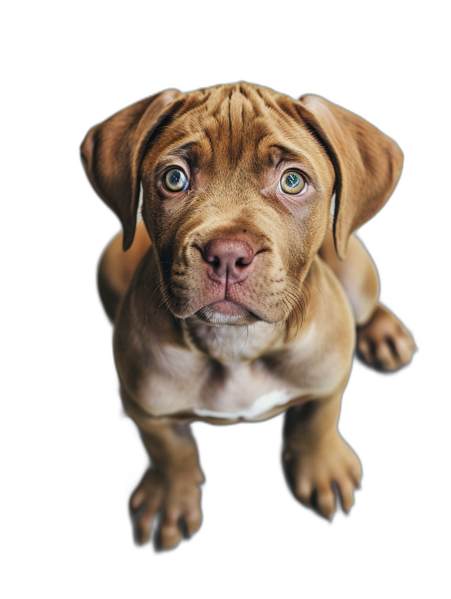 A cute brown pitbull puppy with blue eyes, looking up at the camera from below on a black background, in the style of professional photography.