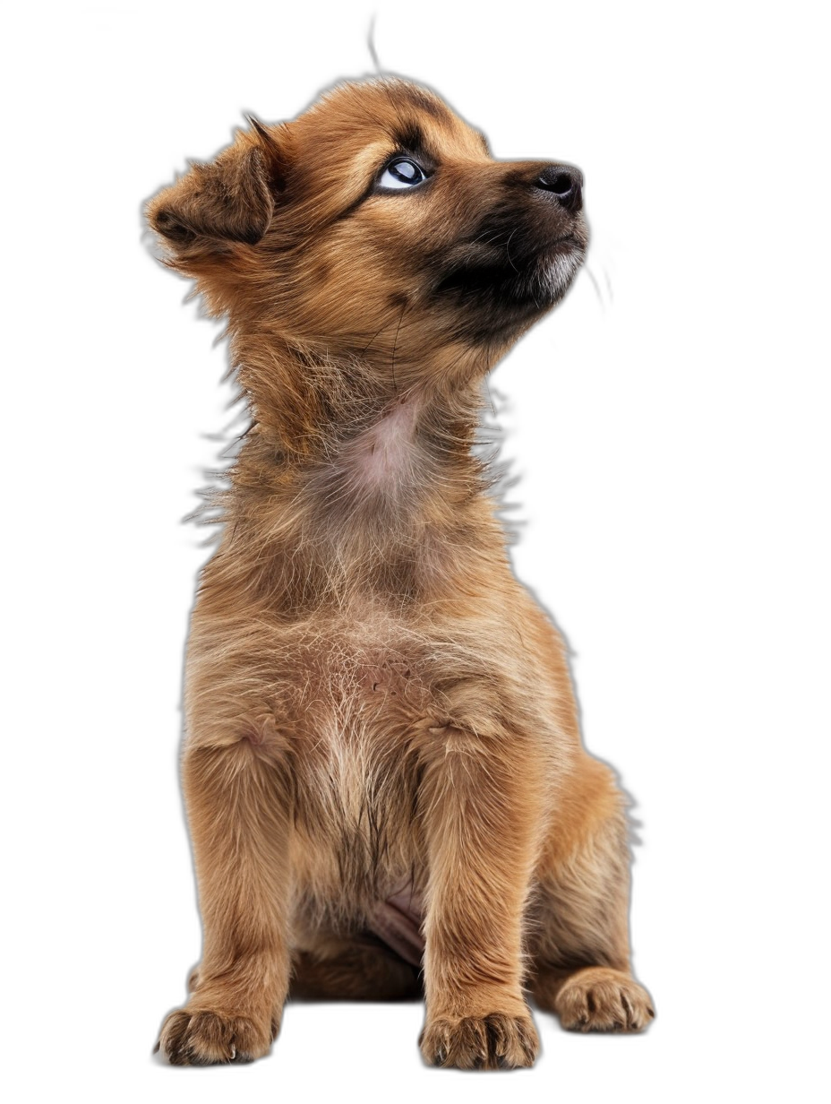 Cute brown puppy with blue eyes sitting and looking up isolated on black background, ultra realistic photography in the style of unknown artist.