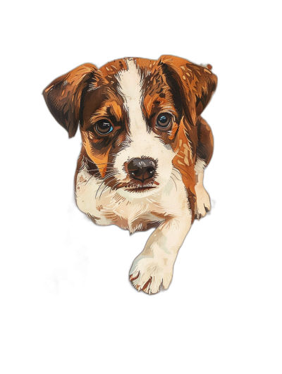 tshirt design, cute jack russel puppy portrait with big eyes looking at you, black background, detailed and sharp focus, bold colors