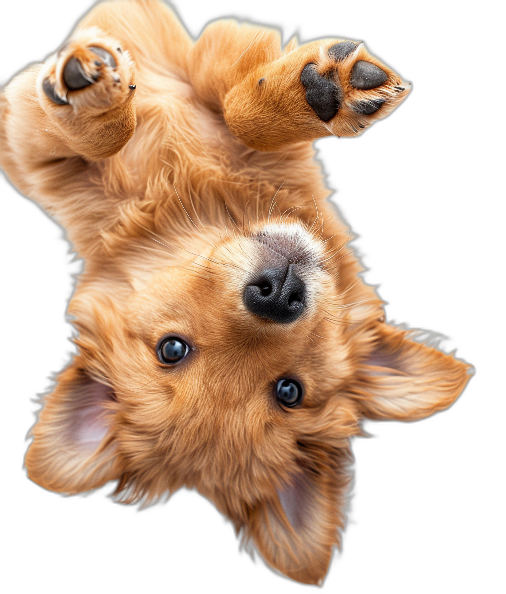 A photo of the top view, head down looking up at an adorable golden retriever puppy hanging upside down on its back with paws outstretched and tail pointing upwards, isolated against a black background, in the style of photorealistic, cute, with a happy expression, big eyes, big ears, head tilted to one side, in a playful pose, with soft fur texture, bright colors, high resolution.