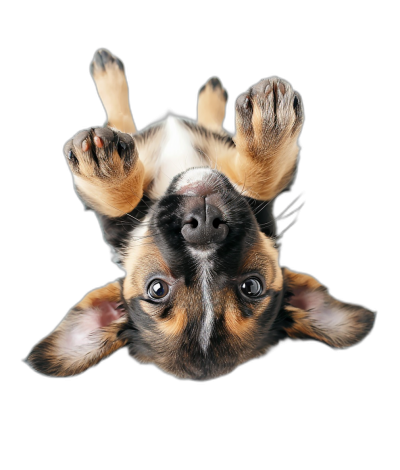 View from above of a cute puppy upside down on a black background, in the photo realistic, high resolution photography style.