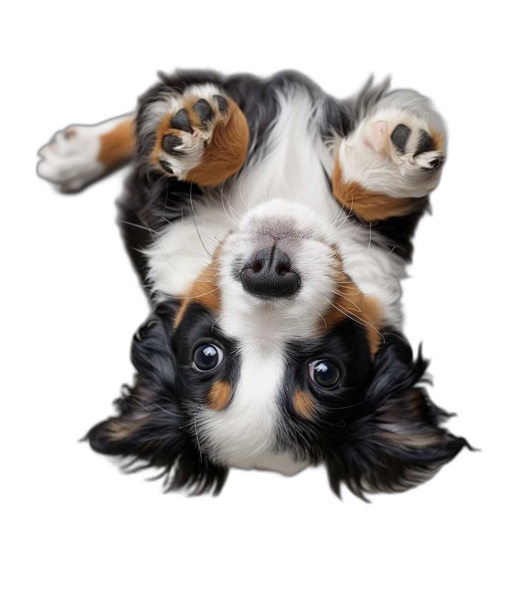 Photorealistic portrait of a cute and happy puppy sitting upside down on a black background, viewed from above, with symmetrical eyes and paws up in the air, in the style of professional photography with studio lighting.