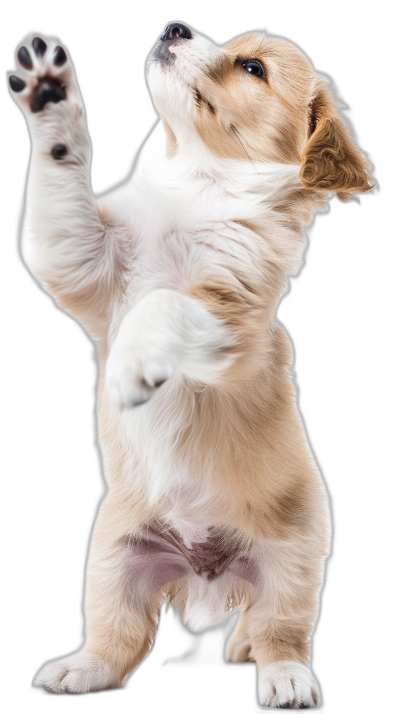 A cute puppy standing on its hind legs, with one paw raised as if ready to high five or give an epic hug against a black background, in a detailed photo.