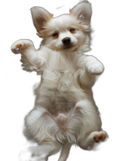 White long-haired Chihuahua puppy, full body shot, cute pose, photorealistic, jumping up in the air with both front paws together to give an extra lift of its back legs on a black background.