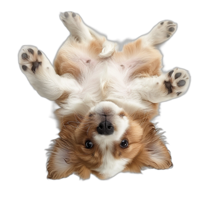 photorealistic, happy and smiling Corgi dog is lying upside down on his back with paws outstretched to the sides on black background, view from above