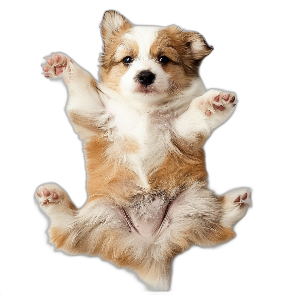 photorealistic full body shot of happy smiling Corgi puppy, floating in the air with his paws together on black background