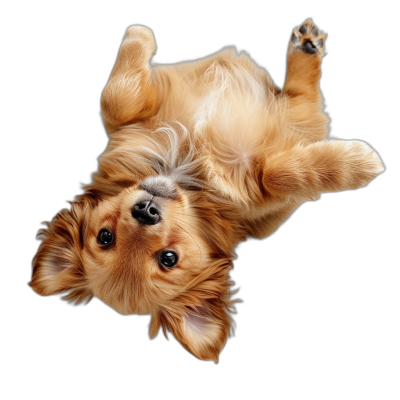 Cute dog lying upside down on its back, isolated black background, high resolution photography