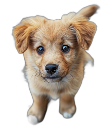 Cute puppy, front view, looking at the camera, isolated on black background, high resolution photography