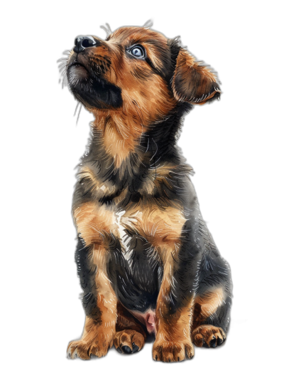 puppy looking up, sitting on a black background, hyper realistic oil painting in the style of full body portrait, high resolution rendering