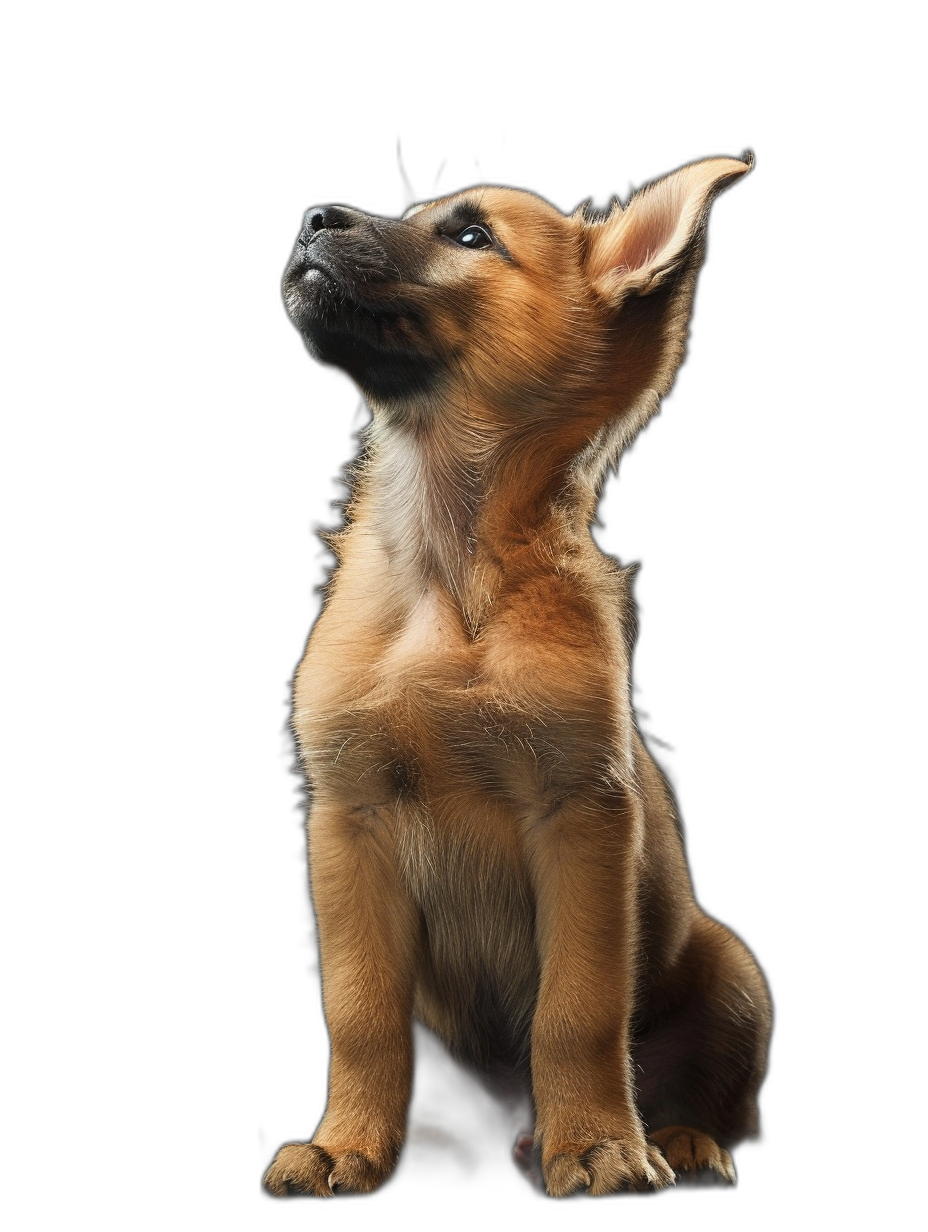 puppy sitting on black background, looking up with ears raised, side view, high definition photography