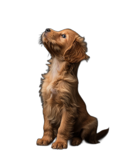 A golden brown puppy sitting upright, looking up at the sky with its head tilted to one side against a black background in a studio photography portrait shot.