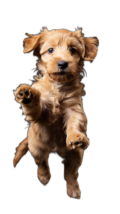 A photo of an adorable puppy, midair with its front paws outstretched and back legs extended in the air, against a black background. The dog's fur is golden brown, it has round ears that tilted up slightly at one side, and small dark eyes looking directly into camera. Shot by [Mario Testino](https://goo.gl/search?artist%20Mario%20Testino) using Hasselblad H6D400c MultiShot on Kodak Gold 200 film.