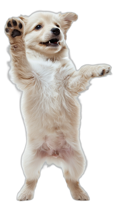 A cute beige puppy standing on its hind legs, doing the 'ikigai' pose with both front paws raised in joyous celebration against a black background in a full body shot, in the style of hyper realistic photography.