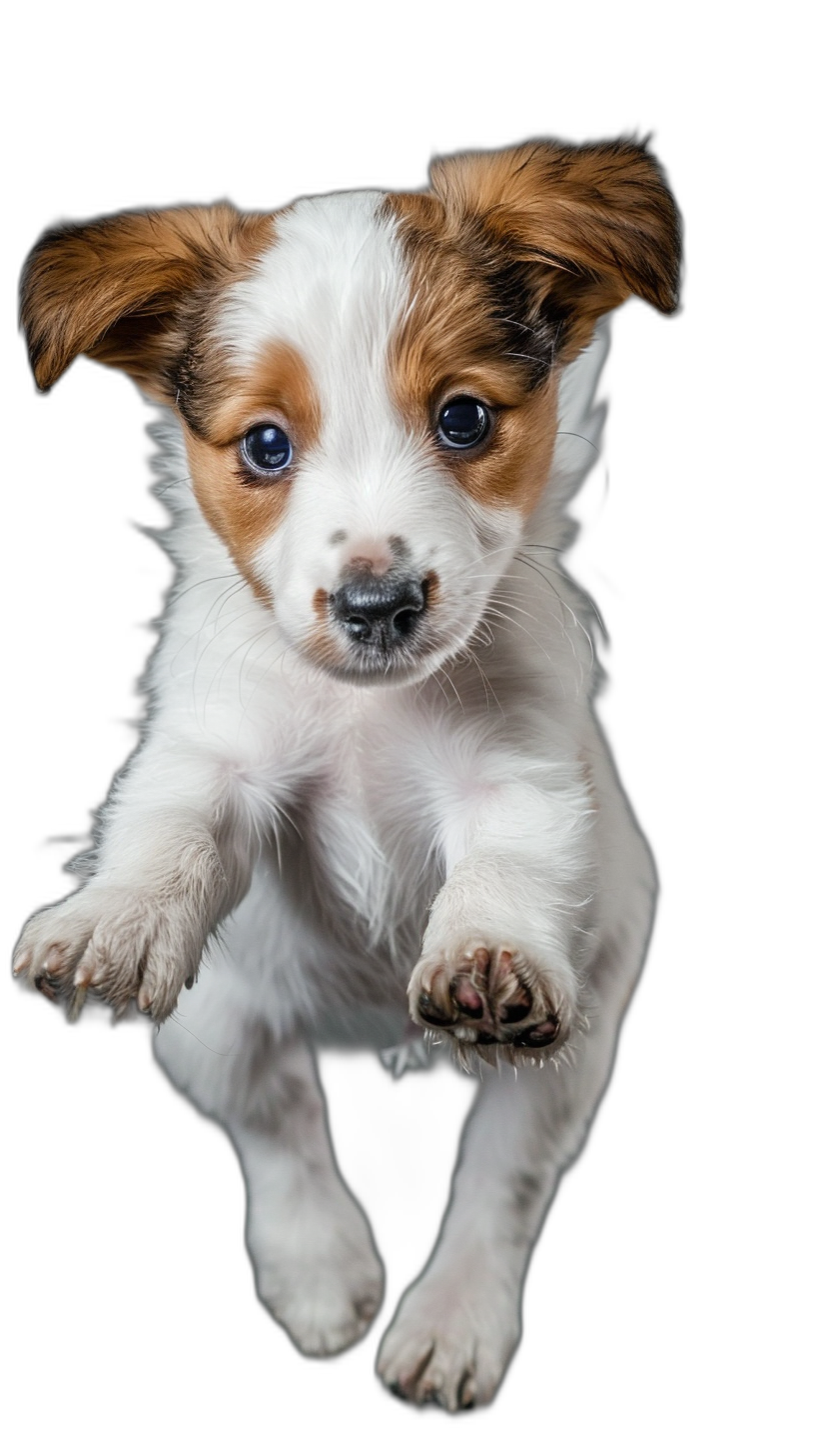 A small puppy is jumping up, with its front paws in the air and big eyes looking at you, front view, black background, with high definition details, clean lines, and high resolution in the style of photography.