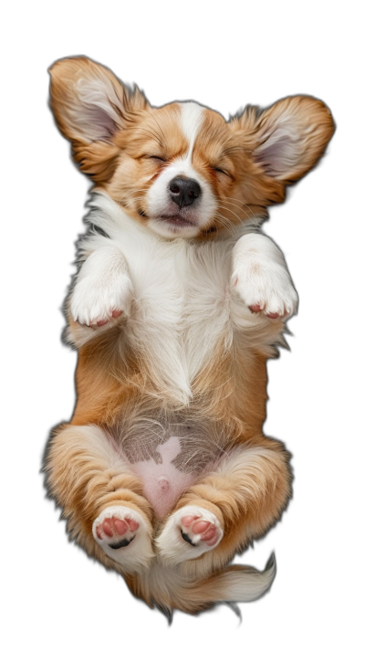 photorealistic full body shot of happy and smiling long haired puppy Corgi sleeping in the air, floating on black background