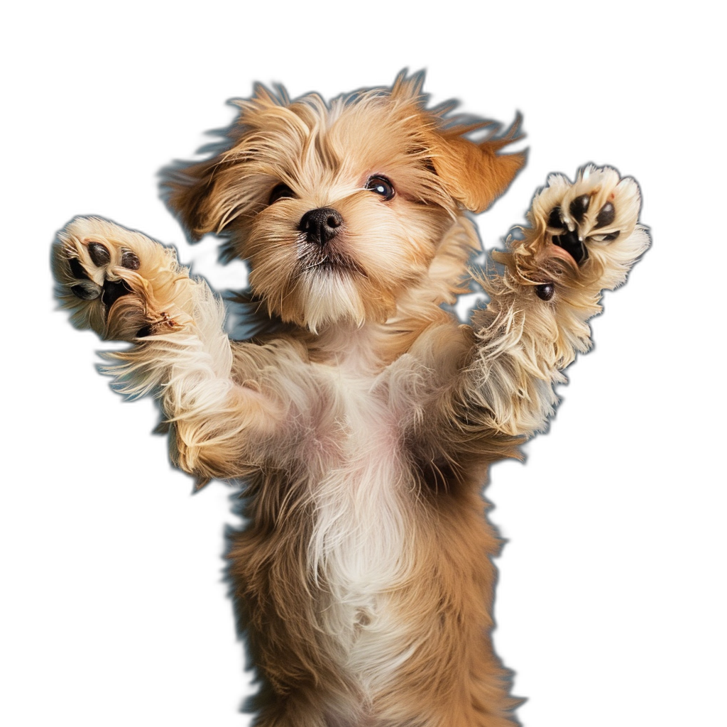 A cute Havanese puppy standing on its hind legs, doing the classic high five pose with both front paws raised in midair against a black background. Award winning photography in the style of professional color grading with soft shadows and clean sharp focus in the digital photograph.