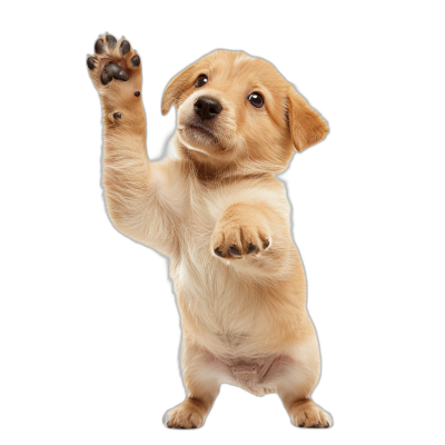 Cute puppy standing on hind legs, holding up paw isolated on black background. Adorable golden retriever doing high five gesture with its front paws. Closeup portrait of small doggy in action pose