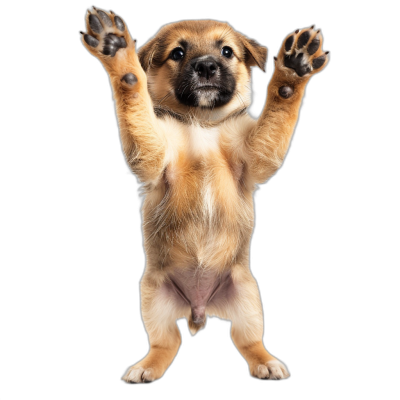 A cute puppy standing on its hind legs with its front paws raised in the air against an isolated black background, an ultra realistic photographic style.