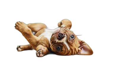 A cute puppy lying on its back, playing with its paws up in the air on an isolated black background, in the style of high definition photography.