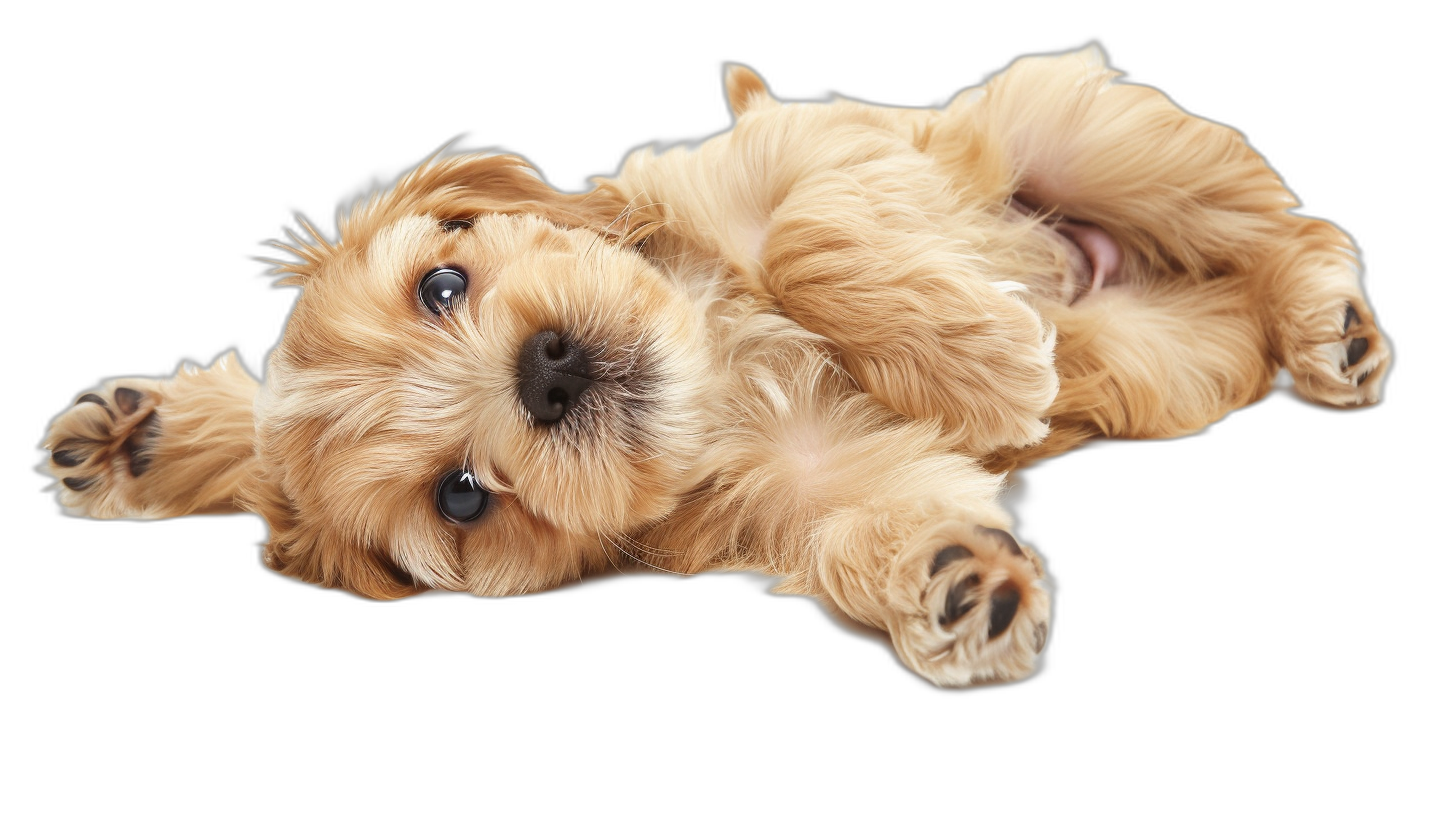 A view from above of an adorable puppy lying on its back with paws in the air isolated against a black background. A full body photo in the photorealistic style.