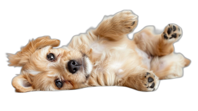 A cute puppy lying on its back, playing with his paws in the air, isolated black background, high definition photography style