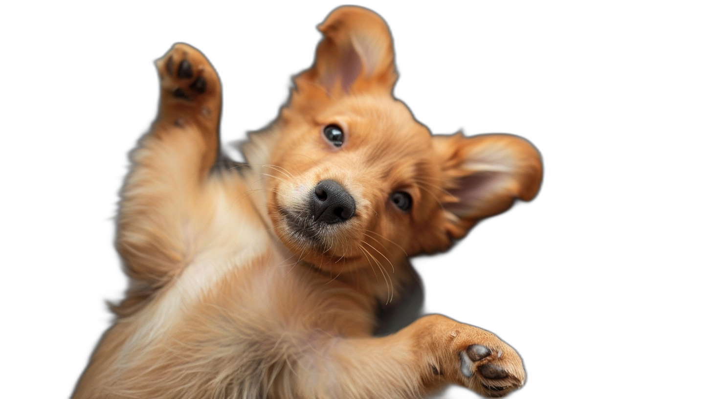 Cute puppy dancing on a black background, a closeup photo of a happy dog playing isolated on a studio background, in the style of high quality photography, a cute brown corgi is jumping and playfully posing with its paws up in a playful pose, capturing the joyous moment of its movement, with sharp focus and high resolution.