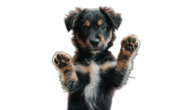 puppy standing on hind legs and waving with front paws, isolated black background, hyper realistic photography