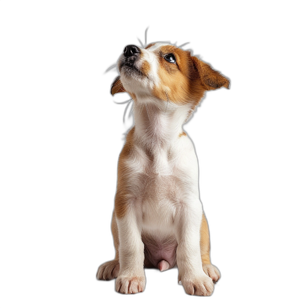 A cute jack russel puppy is sitting and looking up, isolated on a black background, in the style of portrait photography, in a hyper realistic style.