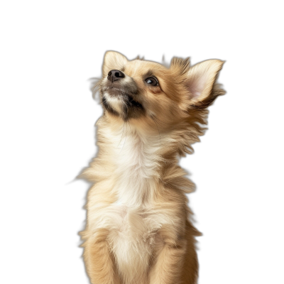 A full body photo of an adorable long haired chihuahua dog standing on his back legs, looking up with his head tilted to the side and mouth open against a black background, high definition photography. The photo is in the style of high definition photography.