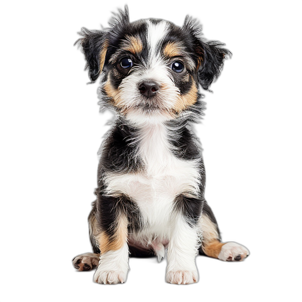 a full body photo of an adorable puppy sitting on black background, cute face, studio lighting, high resolution photography, insanely detailed, fine details, isolated plain, stock imagery