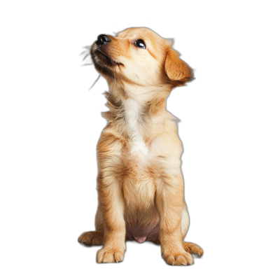 A golden puppy sitting upright, looking up at the sky with its head tilted to one side, full body shot, pure black background, studio photography, high definition photography, clear focus and detail, professional color grading, soft shadows, no contrast, clean sharpness, sharp details, High resolution