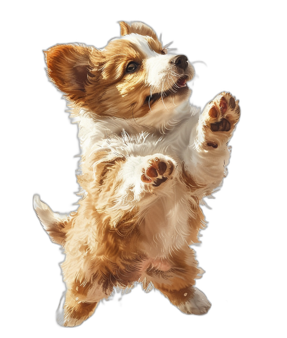 A cute golden brown and white Corgi puppy is jumping up, its front paws hanging in the air, against a black background in a full body shot, in high definition photography.