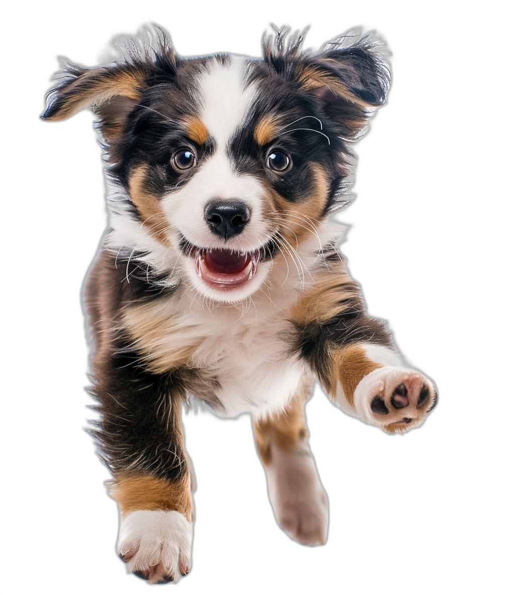 a cute smiling Australian Shepherd puppy running and jumping towards the camera, isolated on black background, full body shot, hyper realistic photography