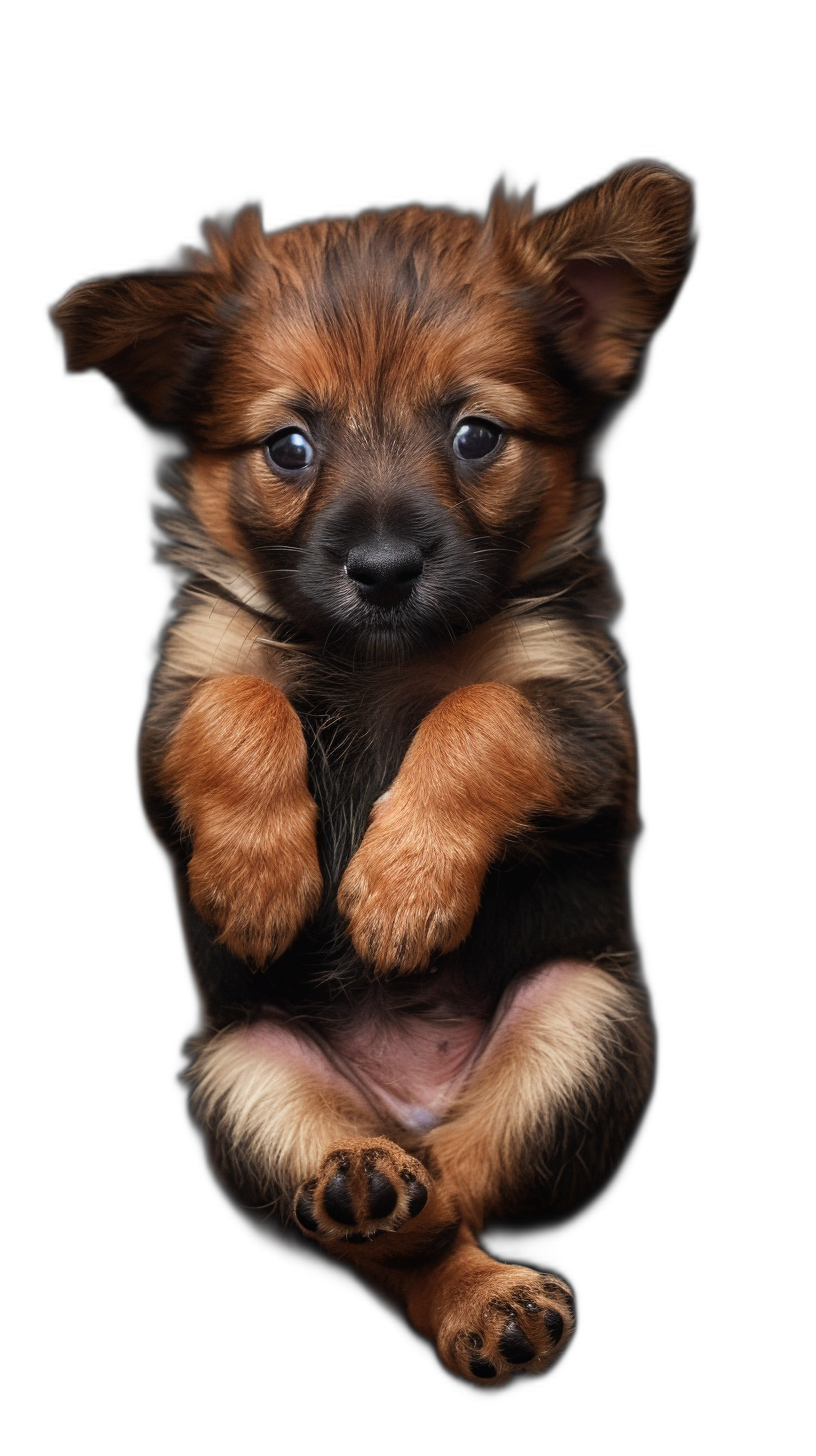 A cute puppy floating in the air, with its paws outstretched and looking at you, on a black background, in the style of high definition photography, in a hyperrealistic style.