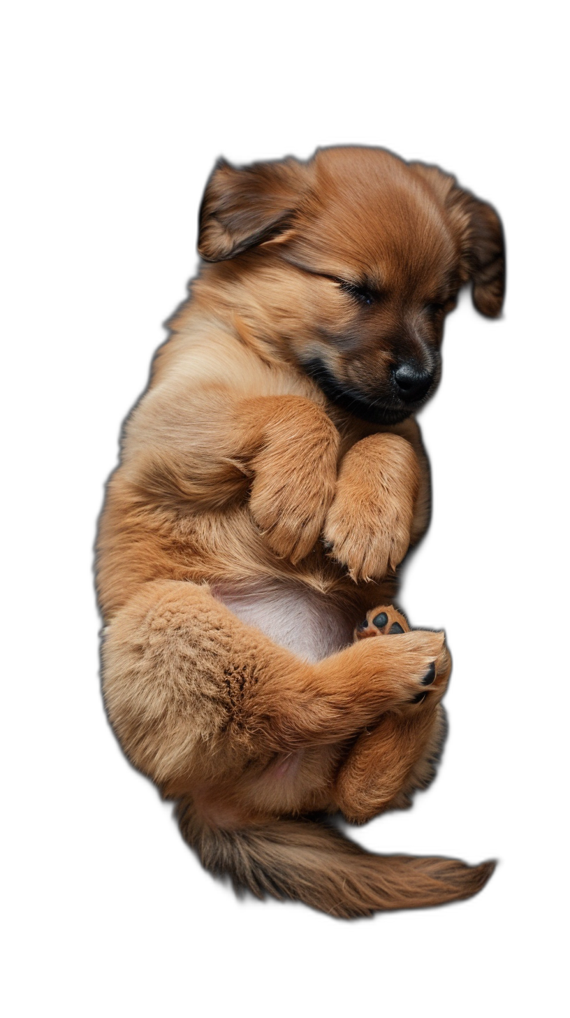 A cute puppy is sleeping on its back, belly up with paws hanging down, black background, photography, real photos, high definition