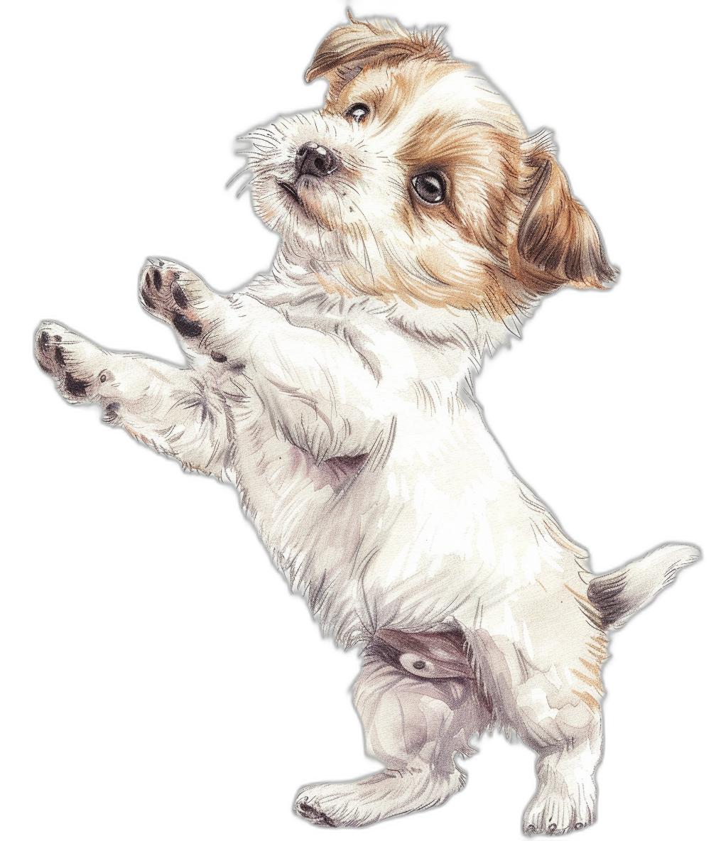 A white and brown jack russel puppy standing on its hind legs in a cute pose. A detailed illustration in the style of clip art for stickers on a black background in the watercolor style.