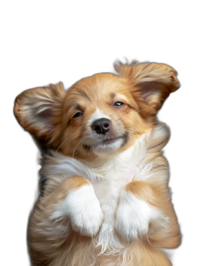 a photo of happy puppy with his paws in the air, on black background, studio photography,