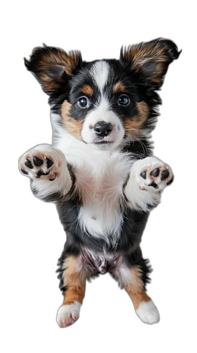 A cute Australian Shepherd puppy is flying in the air, with big eyes and black background, looking at me from above. It has its front paws outstretched forward of it, and four legs raised up together, standing on hind feet, cute expression, high definition photography