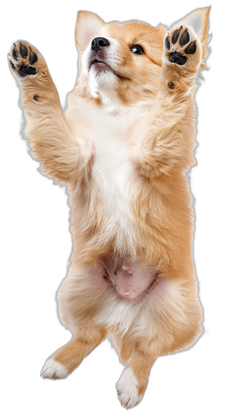 A full body photo of an excited and happy young corgi dog in the air with his paws up, isolated on black background, high resolution photography