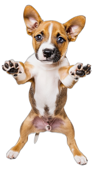 Puppy doing yoga, standing on its hind legs with paws outstretched, against an isolated black background, cute and funny, studio photography, high resolution photograph, in the style of hyper realistic, hyper detailed artwork.