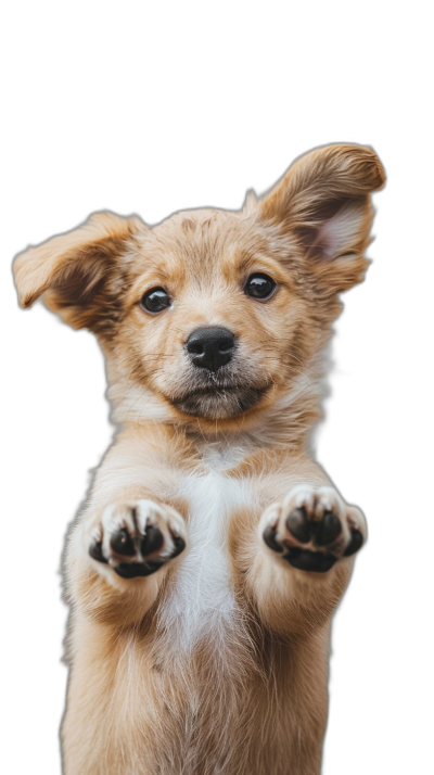 A cute puppy standing on its hind legs, with paws outstretched towards the camera against a black background, in the style of high definition photography, in a hyper realistic style.