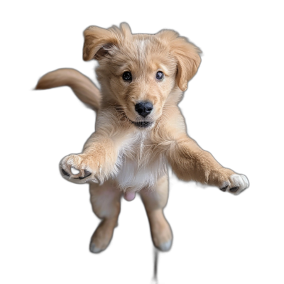 A golden retriever puppy is jumping up, its front paws hanging in the air. The photo was taken from directly above with a black background. It has soft fur and big eyes that sparkle with innocence and curiosity, focused on its face.