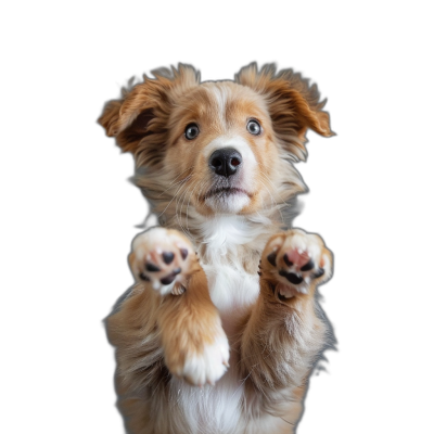 Cute puppy with paws raised in the air on a black background, photographed in a studio with light.