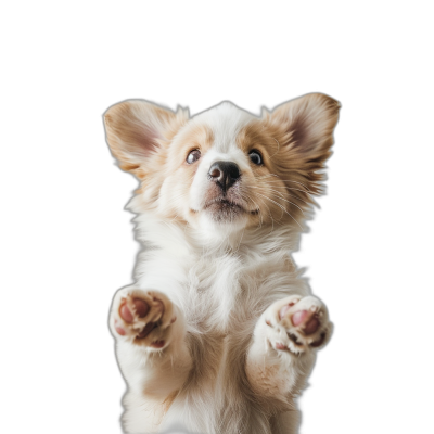 A cute puppy standing on its hind legs, facing the camera with paws raised in a playful pose isolated against a black background, in the style of high resolution photography.