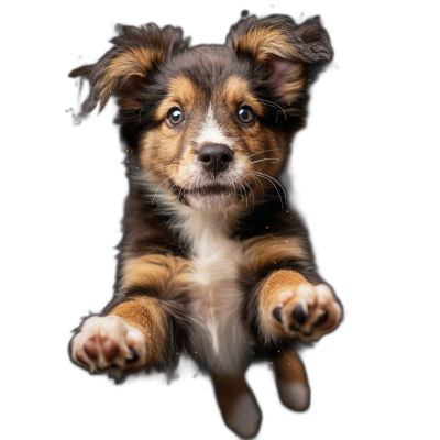 Cute Australian Shepherd puppy, on a black background, flying with paws outstretched towards the camera, in a studio photography setting with soft lighting.