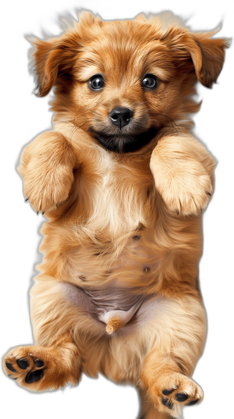 Cute puppy with a chubby body on a black background, photographed in the style of photorealism jumping with a cute expression and big eyes with fluffy, fur texture shown in high definition details.